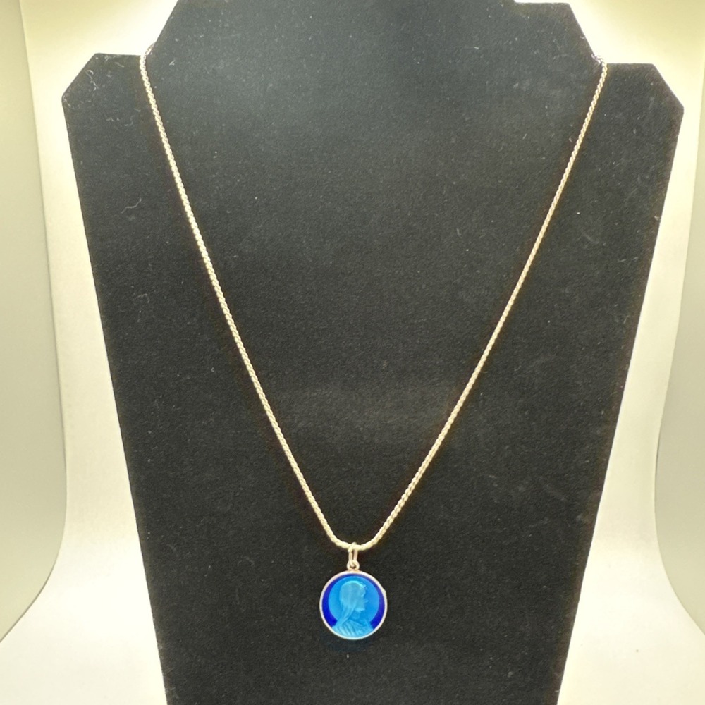 Antique Enamel‎ Mother Mary & Pope Paulus IV Pendant on 800 Silver 20" Chain